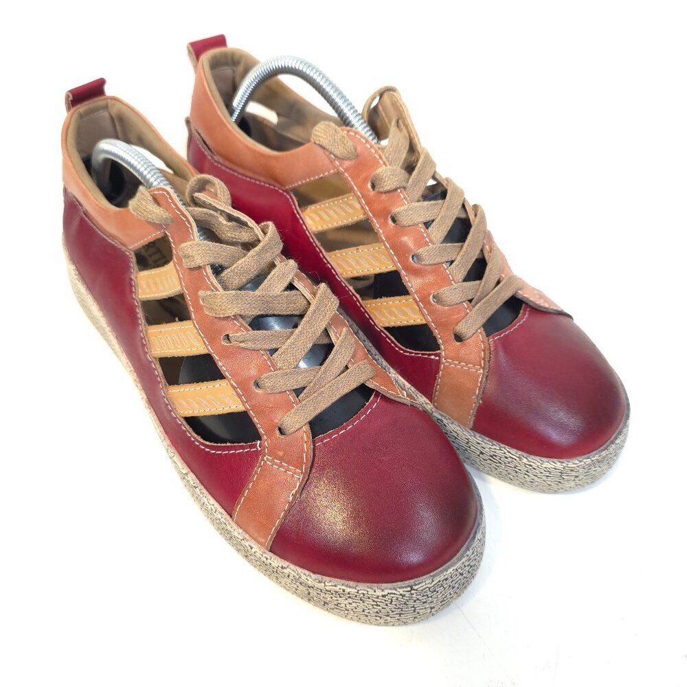 L’Artiste by Spring Step Porscha Leather Sneakers Red Tan cutout Striped EU 41